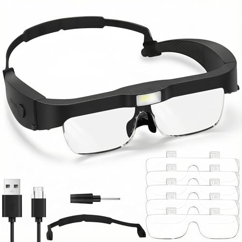 AMFUN Gafas Lupas con Luz 3 Led para Manualidades, 0,75X 1.0X 1.5X 2.5X 4.0X con 5 Lentes, Recargables, Ajustable para Leer, Reparaciones, Coser, Joyería (Negras)