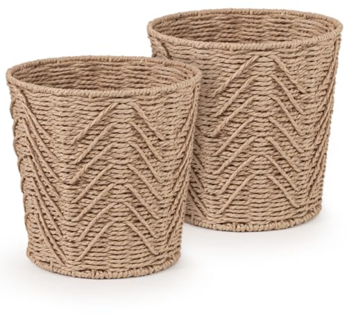 Woodluv Set of 2 Round Handwoven Paper Rope Bins, Decorative Wastepaper Baskets for Home, Closet, or Office Organization, Durable, Stylish & Functional Storage Solution - Khaki