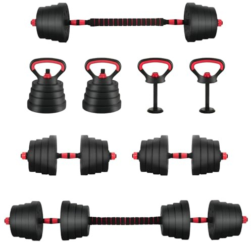 vidaXL 2-in-1 Kurzhantel Langhantel Set 30kg Schwarz und Rot, Einstellbares Kurzhantel-Set – kompakte Gewichte für Krafttraining, ergonomisches Home-Fitnessgerät