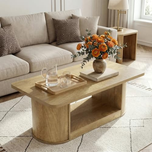 Tribesigns Tavolino da Caffè Moderno 120 cm, Tavolo Rettangolare a 2 Ripiani con Contenitore in Legno, Colore Marrone Chiaro per Salotto, Camera da Letto e Ufficio