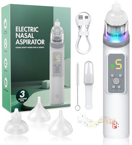 AZHE Tragbar Nasensauger Baby,5 Saugstärken, Nasensauger Baby Elektrisch für Verstopfte Nasen,3 Größen Silikon Tipps Und Musik Funktion,Geeignet für Neugeborene, Baby und Kinder