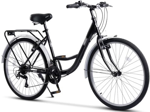 Fahrrad 26 Zoll Cityrad für Damen und Herren 150-165 cm, 21-Gang Kettenschaltung, V-Bremse, Trekkingrad mit Gepäckträger und Schutzblechen, STVZO-Sicherheit, 120 kg Traglast, 95 % vormontiert, Schwarz
