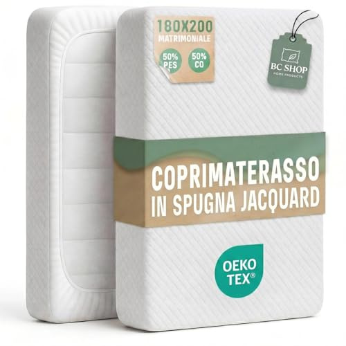 BCSHOP Coprimaterasso Matrimoniale 180x200x 27cm Elasticizzato con Angoli - Copri Materasso Matrimoniale in Spugna Jacquard Certificato Oeko Tex - Lavabile e Regolabile per Materassi a 2 Piazze