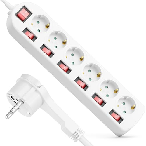 deleyCON Regleta 6 Tomas con Enchufe Plano - Interruptor ON/Off - Control Individual - 3,0m Cable - Base Múltiple Corriente Distribuidor Extensión Regleta Hogar Oficina 3680W - Blanco