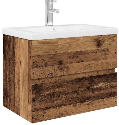 KTHLBRH Wall-Mounted Bathroom Sink Cabinet with Built-in Basin and Faucet, Old Wood Finish, Featuring a Drawer for Ample Storage and Overflow Function