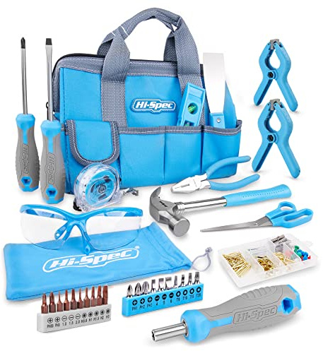 Hi-Spec Home DIY Tool Kit with Hand Tools in Storage Bag for Repairs, Blue | Everyday repair support, tidy organisation, practical starter selection, 34pc included, routine upkeep, easy to store
