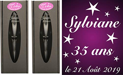 2 Flûtes à Champagne Gravées - Age personnalisable + Prénom - Modèle Anniversaire Etoiles avec 2 boites cadeaux - Cadeau d'anniversaire personnalisé – Verre gravé – Coupe de Champagne personnalisée