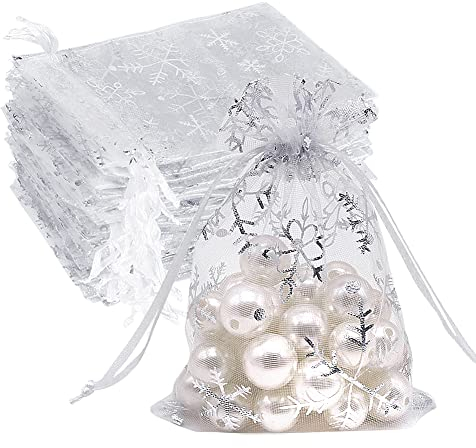 HRX Package Organzasäckchen Weihnachten, 9x12 cm 100 Stück Weiß Geschenksäckchen Schmuckbeutel Netzbeutel mit Zugband (Schneeflocken)