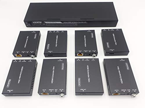 FOURKAY 1x8 4K@60Hz HDMI Splitter Extender over Cat6/7 Ethernet with 8 PoC receivers. HDMI Loop Out and Audio Extraction on TX. Send 4K up to 35m / 1080p to 60m. Remote Control source from Receivers