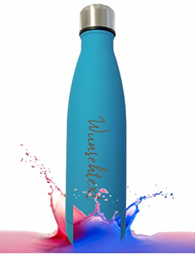 Lina & Luksen Personalisierbare Trinkflasche aus Edelstahl 0,5 l | Thermosflasche mit Lasergravur von Wunschtext und Wunschmotiv | Perfekter Begleiter für Sport, Schule, Outdoor Aktivitäten (Blau)