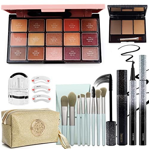 All-in-One-Make-up-Set, 15 Farben, Lidschatten-Plattet, wasserdichter Eyeliner, Faser-Mascara, 3 Farben, Augenbrauenpuder, Augenbrauenschablonen, Wimpernzange, Pailletten-Kosmetiktasche, Make-up-Set