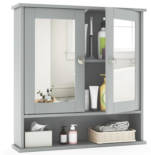 COSTWAY Bathroom Mirror Cabinet, Double Door Wall Mounted Storage Cupboard with Adjustable Shelf and Compartment, Home Kitchen Living Room Display Organiser Unit (Gray)