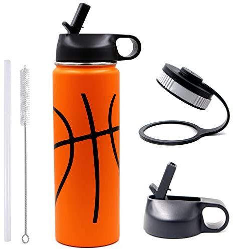22 oz Basketball Water Bottle, Sports Flask Metal Travel Tumbler with 2 Lids, Stainless Steel Double Wall Vacuum Insulated Thermo Water bottles, Basketball Accessories Stuff Gifts for Mom Boys Girls