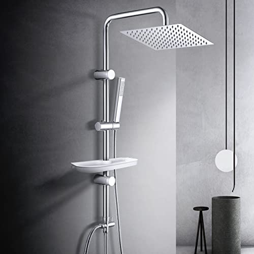 Görbach Colonna Doccia idromassaggio Colonna Doccia Acciaio Inox Senza Miscelatore Fori Muro Regolabili Asta Doccia Gruppo Doccia Colonna Con Soffione e Doccetta Porta Ogetti Mensola 25*25CM Quadrato