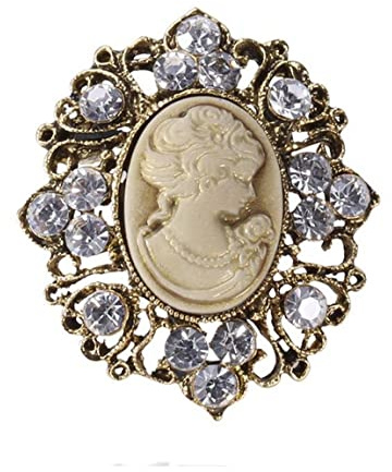 Brosche Schmuck Kamee Büste Damen Beige Strass Kristall Stahl Bronze Vintage, 5 x 4 cm, Edelstahl