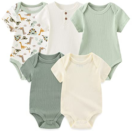 Chamie Newborn Baby bodysuit kortärmad för baby pojkar och flickor 0–12 m, 5-pack, Vit & grön babybodysuit, 6-9 månader