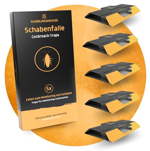 Schabenfalle 5 Stück - Klebefalle für Kakerlaken & Küchenschaben - zur Befallsermittlung und zum Monitoring - mit Lockstoff-Tablette