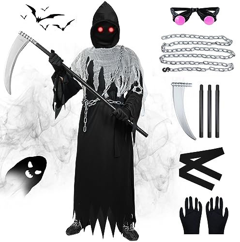 FORMIZON Costume da Tristo Mietitore, 8 Pezzi, per Halloween, da Grim Reaper con Occhi Luminosi, Mantello Nero con Falce Finta per Bambini da 8-12 Anni