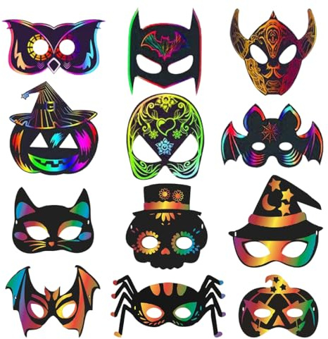 Wishstar 24 Stück Halloween Kratzbild, Kratzbilder Masken，Kratzbilder Kinder，Halloween Masken Bastelset DIY mit Elastischen Kordeln und Holzgriffel，Halloween Dekoration DIY Handwerk