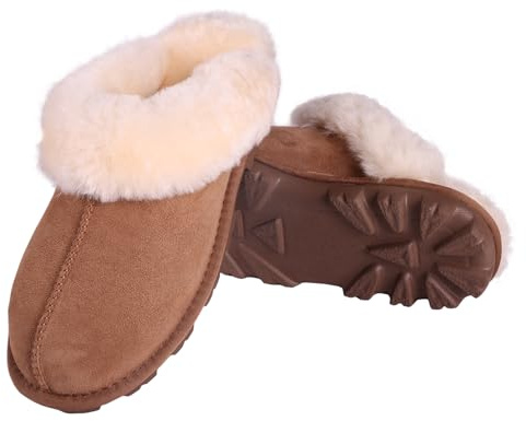 MYLUNE HOME Echte Lammfell Hausschuhe für Damen - Flauschige Warme Pantoffeln Winter Plüsch Schaffell Slipper Leder Wolle Braun - Geschenk für Frauen