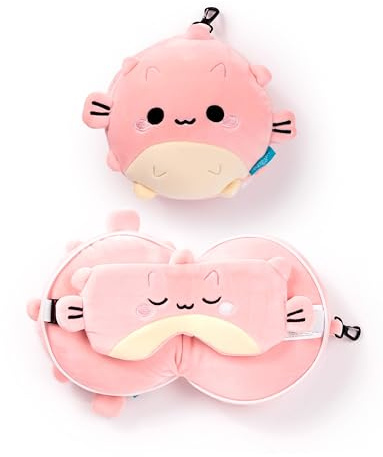 Puckator Relaxeazzz Adoramals Reisekissen aus Plüsch und Augenmaske – Schlafmaske aus Plüsch für Flugzeuge – Flugkissen für Kinder und Erwachsene – schöne Schlafmaske, Mehrfarbig, Multi, 1 unité (Lot