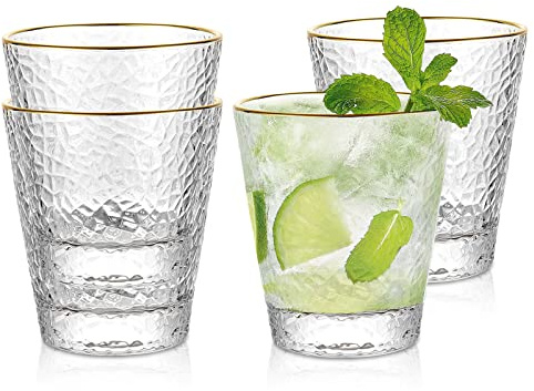 HYEIOL Gläserset 4er, 300ml Gläser mit Goldrand, Klar Strukturiert Trinkgläser Set, Wasserglas Set, Water Glasses Kristallgläser Saftgläser Glas Set for Hause Restaurants Partys