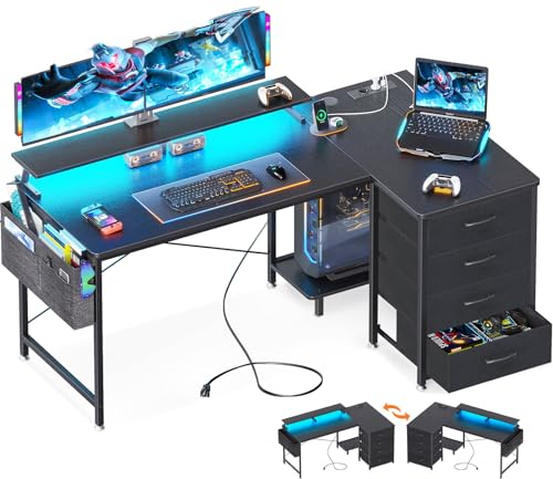 ODK Escritorio Esquinero Reversible, Escritorio Gaming en L con LED, Mesa en L con 4 Cajón, Mesa de Ordenador con Puerto de Carga USB y Toma de Corriente para Hogar (Negro,140x80x84.7cm)