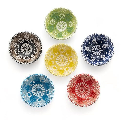 Kleine Bunt Dipschalen, Keramik Dip Schälchen, Tapas Schalen Set, Handgefertigte Servierschalen, Dipschalen 6er-Set, Snackschalen & Dipschalen, Sojasauce Schälchen - 100 ml, Ø 8cm