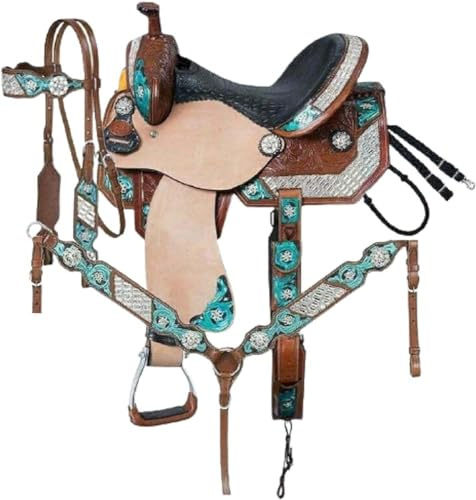 Ensemble de sellerie de cheval Western Barrel en cuir de qualité supérieure - Turquoise - 25,4 cm à 45,7 cm