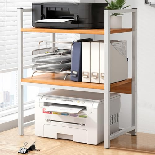 BAKAJI Scaffalatura Porta Stampante Salvaspazio in Acciaio e Legno, Mensola a 2 Ripiani con Piedini Anti Scivolo per Stampanti, Unità di Mensole Supporto da Ufficio Design Industrial (Beige + Bianco)