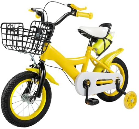 NaMaSyo 12 tums barncykel, cykel med stödhjul, barncykel för pojkar, flickor, barn, höjdjustering, barncykel för 3–6 år, justerbar höjd (gul)