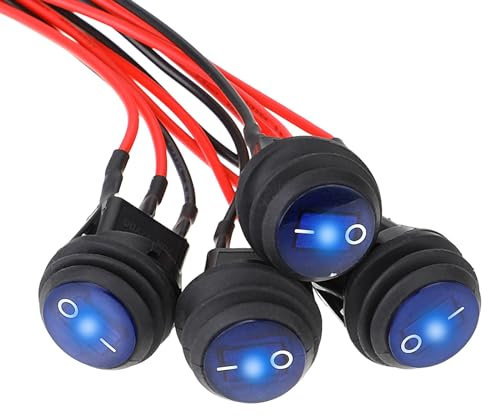 4 interruttori a levetta rotondi da 12 V, impermeabili, 12 V, 20 A, SPST, 3 pin, interruttore a bilanciere blu, con 20 cm, pre-cablato, per auto, barca, camion, elettrodomestici, camper