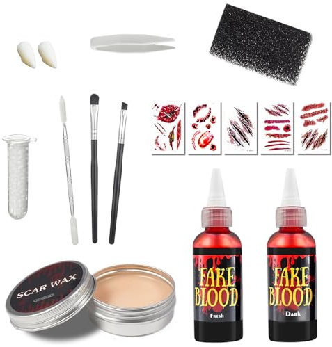 Kunstblut Halloween Schminke, Halloween Spezialeffekt Gesicht, 60ml Frisches Blut Spray, Makeup Haut Wachs, Spatula Tool, Vampirzähne, Make-up-Pinsel und Schwämme, 5 Realistisch Wunden Narben