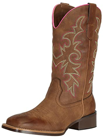 J's.o.l.e Stivali da cowboy da donna, stile western, metà largo, punta quadrata, stivali da cowgirl, per equitazione, scarpe ricamate, Marrone, 38 EU