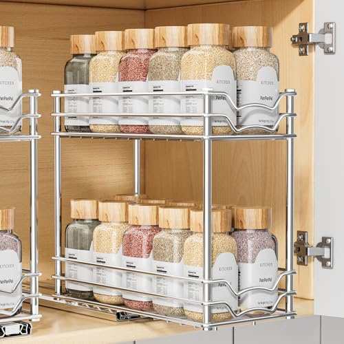 PanPanPal Pull Out Spice Rack for Inside Cupboard, 2 Tier Chrome Slide Out Spice Organiser, No Drilling Vertical Seasoning Storage for Kitchen Cabinets, 10.4cm W x 26.4cm D x 24cm H