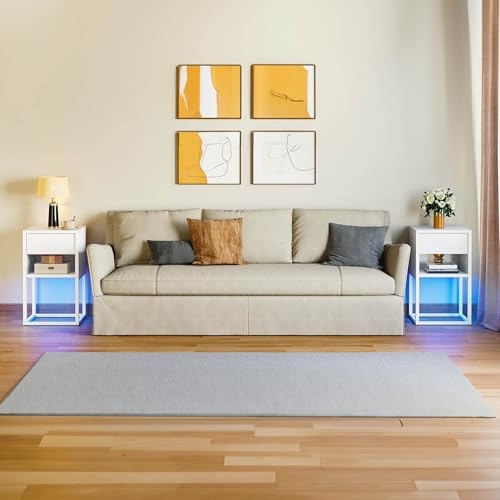 YITAHOME Nachttisch mit LED 2er-Set, Beistelltisch mit Schublade offenes 3-stufiger Sofatisch mit offenem Regal Nachtschrank Schlafzimmer Beistelltische fürs Wohnzimmer Räume Weiss