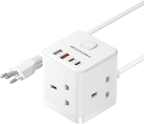 UK to Brazil Plug Adapter, PD20W 3 Way Cube Extension Lead, Type N, 1.5M | 4 Fast Charging USB (QC3.0/PD20W), Brazil Travel Adapter