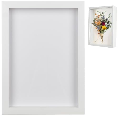 hurifeng 3D Bilderrahmen zum Befüllen - Weißer MDF Holzrahmen für A4 und 8 Zoll Fotos - DIY Trockenblumen, Erinnerungsstücke, Medaillen, Geschenke, Wand- und Tischmontage (Weiß, 21x29.7)