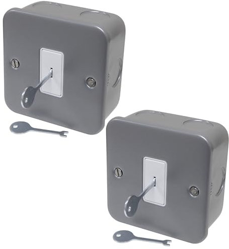 2 x Metal Clad 1 Gang Key Switch 10A 2 Way Switch, with Two Keys and Metal Back Box, 20mm Knockout for Conduit or Gland Entry ideal for Emergency Lighting