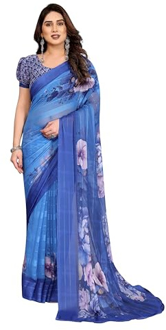 ETHNICMODE indien Sari For femme Printed Georgette Light Weight Jari Party Wear Blue Saree With Unstitched Blue Blouse Piece-1138