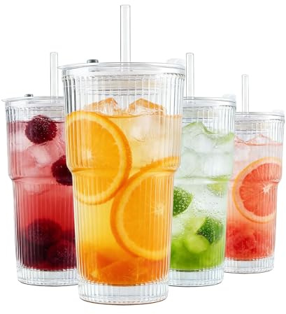 Henrrida 4 PCS Glass Mit Deckel Und Strohhalm, Matcha Glas,Eiskaffee Gläser,Lange Trinkglas,Smoothie,600 ml Luftdichte Und Wasserdichte Konstruktion 20 OZ Geschirrspüler Sicherheit