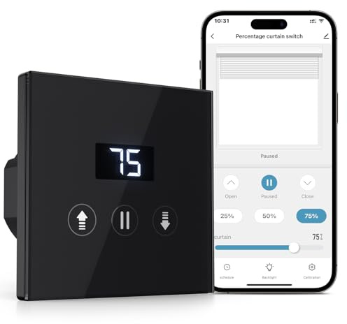 Allevoi Interrupteur Volet Roulant Connecté, 80 * 80 mm Interrupteur Tactile de Stores Compatible avec Alexa/Google Home, Équipé un Écran LCD en Pourcentage Contôle à Distance - Noir