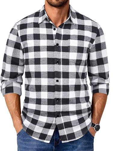 COOFANDY Chemise Homme Carreaux Manches Longues Chemise Flanelle Décontractée Bûcheron Regular Fit Poche Noir Blanc L