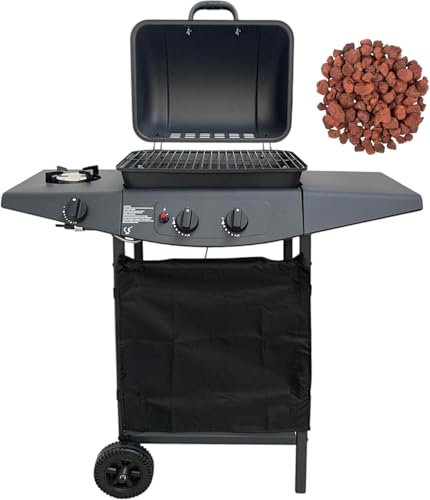 Barbecue a Gas con Pietra Lavica BBQ 2 Fuochi + Fornello e Piano Laterale D’appoggio Griglia in Acciaio con 2 Ruote per un Facile Trasporto ideale per Esterno, Giardino, Terrazzo