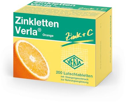 Zinkletten Verla Orange – 5 mg Zink in Form von Zinkcitrat+ 30 mg Vitamin C zum Lutschen und Kauen, für die tägliche Zinkversorgung, mit Orangengeschmack, vegan, glutenfrei, ohne Lactose, 200 St