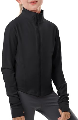 Gihuo Girls Zip Up Workout Jacket Lightweight Athletic Horse Riding Jackets Cropped Gym Yoga Track Shirts with Thumb Holes(Black-9-10Y)