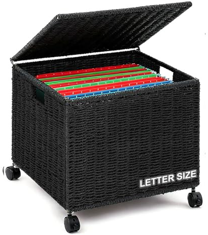 Cinnvoice Large Decorative File Box Seagrass Wicker File Box Organizer for Letter & Legal Size Hanging Filing Basket with Lid Document Folder Cabinet Home Office(Black,14 x 12 x 11.5 in)