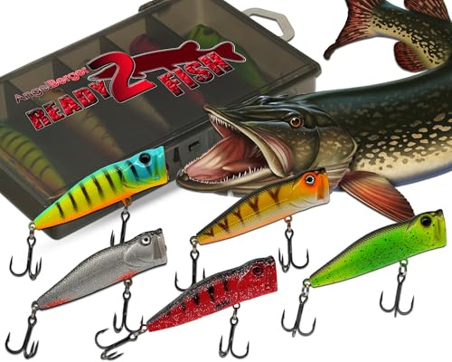 Wild Devil Baits Ready2Fish Wobbler Set Popper in Box Topwater Hardbaits für Hecht Zander Barsch Oberflächenköder mit Kunstköderbox Kunstköder Set Angelköder