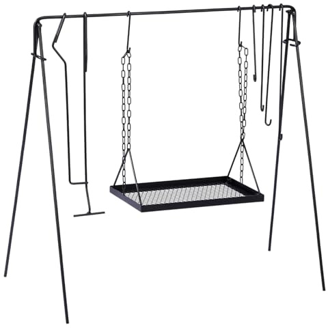 Swing Campfire Grill Stand, Collapsible Cooking Rack with Hooks and Carry Bag, Adjustable Iron Grill Grate, Portable Cookware Hanging Rack for Outdoor Camping, Bonfire, Backyard