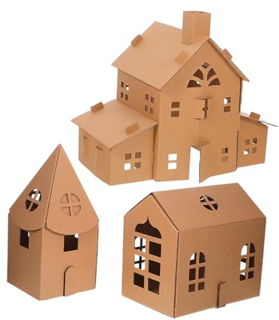FIXOSHEE Kinder Papphaus Bastelset 3 Stück Miniatur Modellbausatz aus Stabiler Wellpappe Malspielhaus für Kreatives Indoor Spiel und Familienzeit